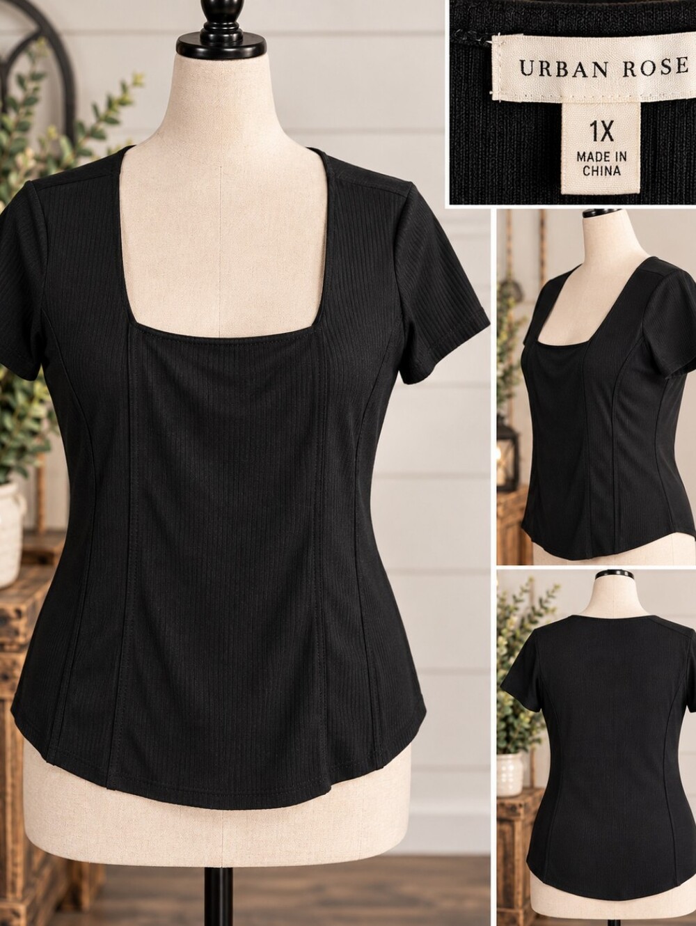Urban Rose Black Square-Neck Stretch Blouse